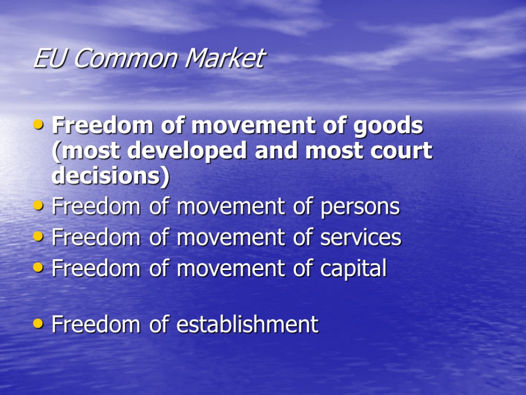 EU Common Market Freedom of movement of goods (most developed and most court decisions)